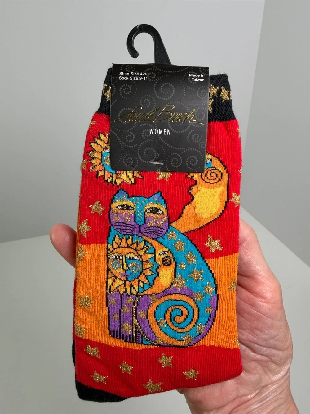 Laurel Burch Vintage Cat Sun Moon Crew Socks Designer Whimsical Stars Boho